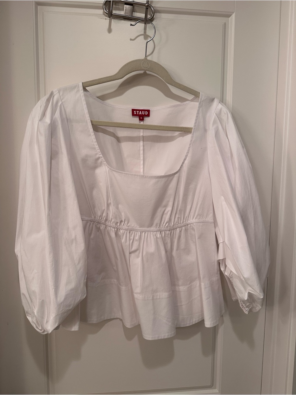 STAUD White Square-Neck Puff-Sleeve Peplum Blouse